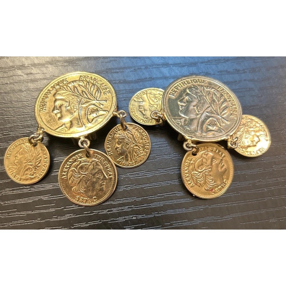 Vintage 80s Gold Tone French Roman Coin Dangle Earrings Alexander Greek Clip On